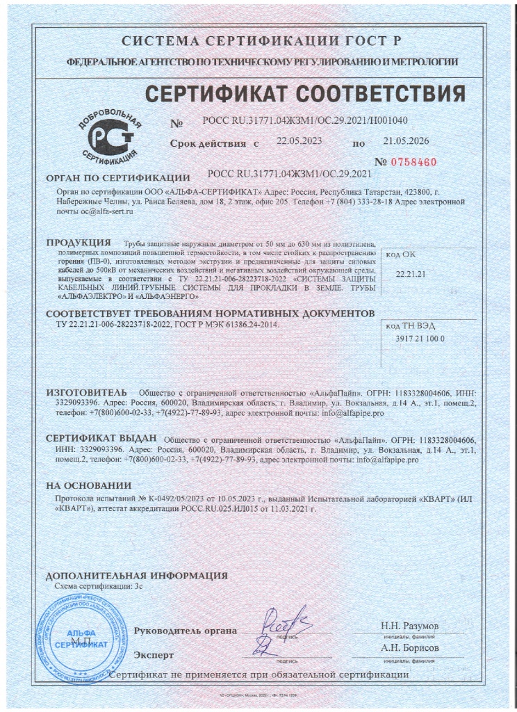 Сертификат соответствия ТУ 22.21.21-006-28223718-2022 и ГОСТ Р МЭК 61386.24-2014
